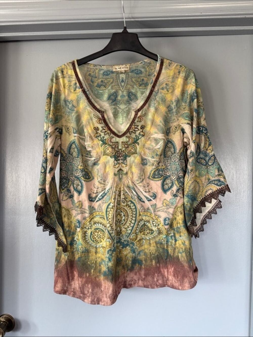 Boho Hippie Embroidered V-Neck Pullover Top sz XL 3/4 Bell Sleeves